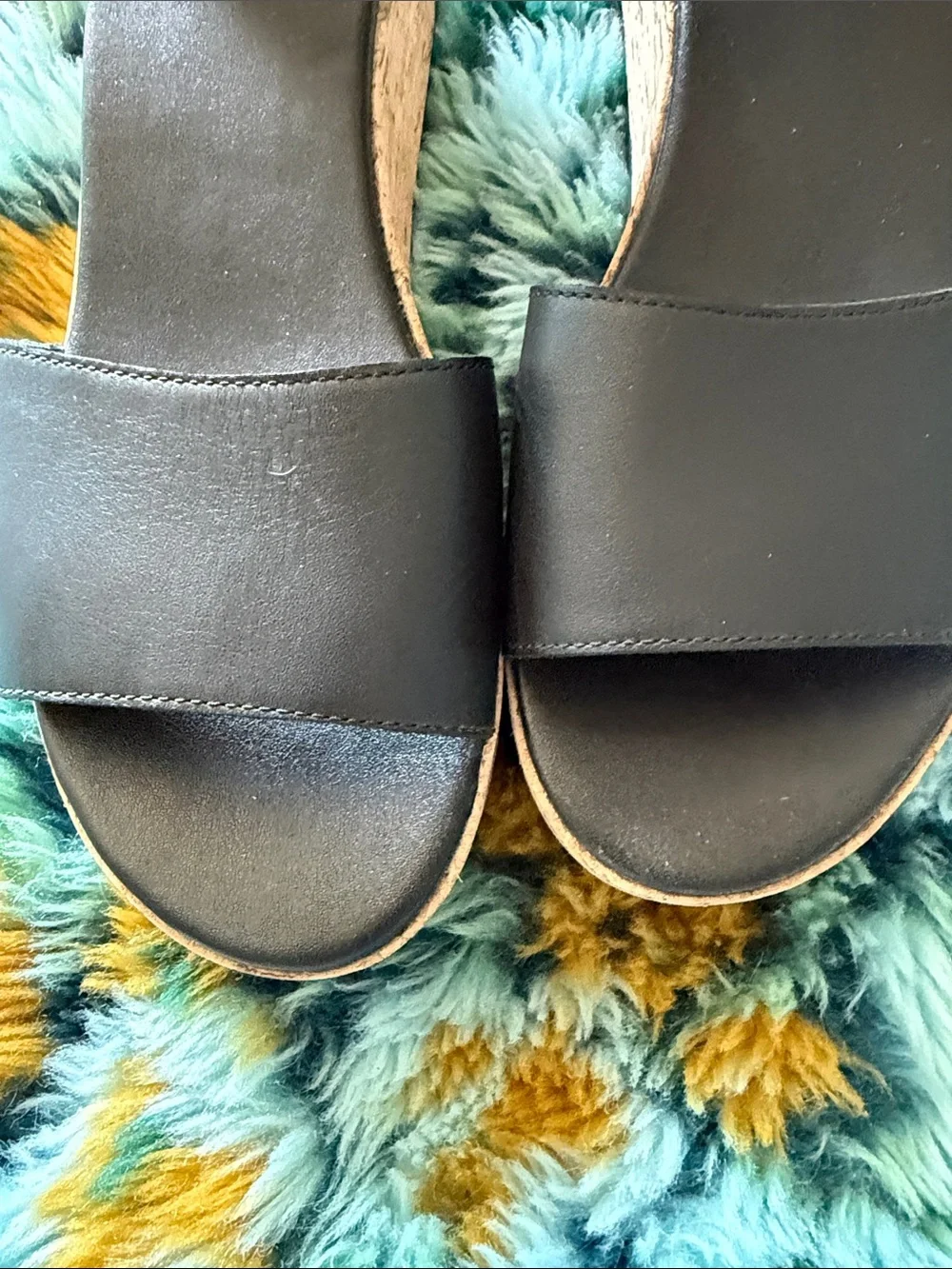 Sorel Black Leather Wedge Sandals with Olive Ankle Wrap